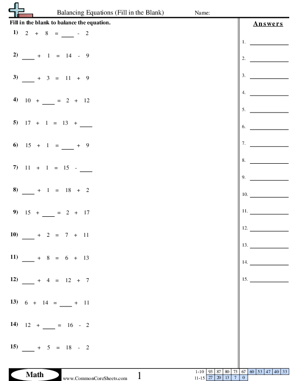 1.oa.7 Worksheets - Addition & Subtraction (Fill in the Blank) worksheet